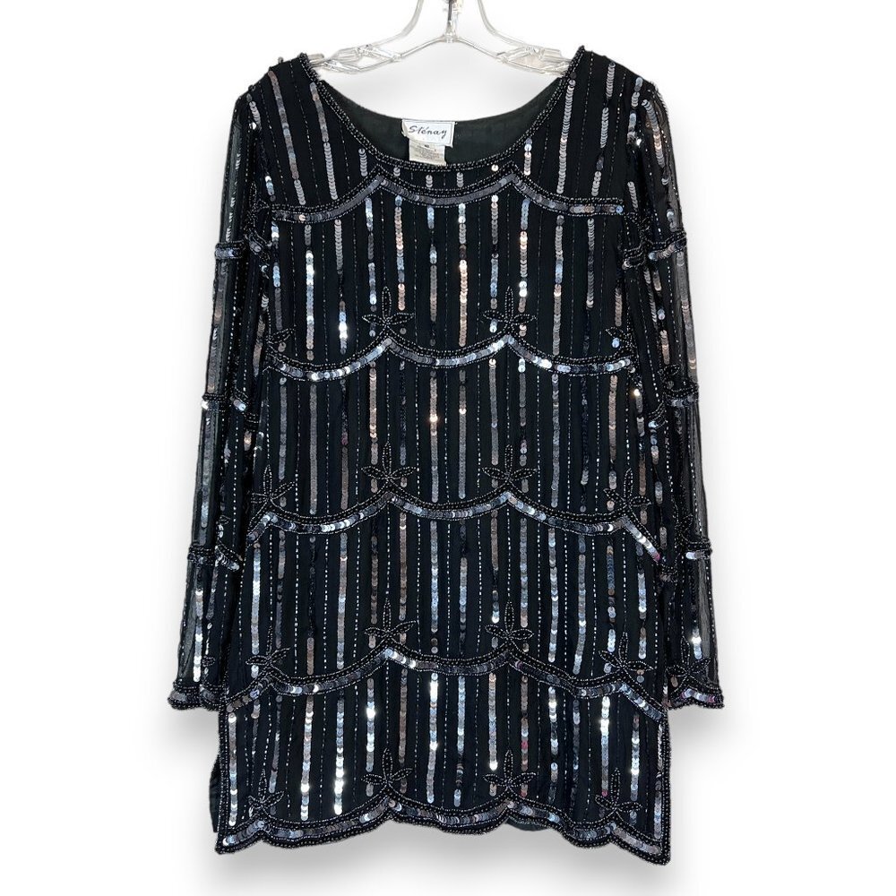 Vintage Stenay Sequin Black Tunic Top Blouse Silk Beaded Embellished Party Small